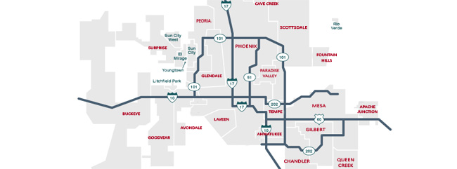 Phoenix area map with main highways and towns labeled - Phoenix Valley Map, Gilbert, Chandler, Mesa, Queen Creek, Scottsdale, Tempe - Bill Salvatore, Arizona Elite Properties 602-999-0952 - Arizona Real Estate