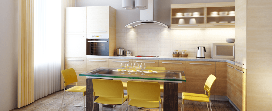 Retro kitchen, white walls and cabinets, glass table, yellow plasti-form chairs