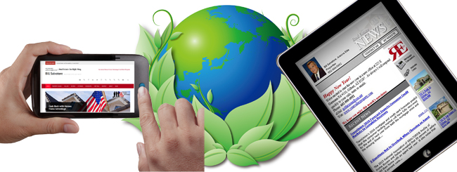 smart phone and tablet either side of green or energy saving earth symbol - smart home, energy saving, energy efficient, electronics - Bill Salvatore, Arizona Elite Properties - 602-999-0952