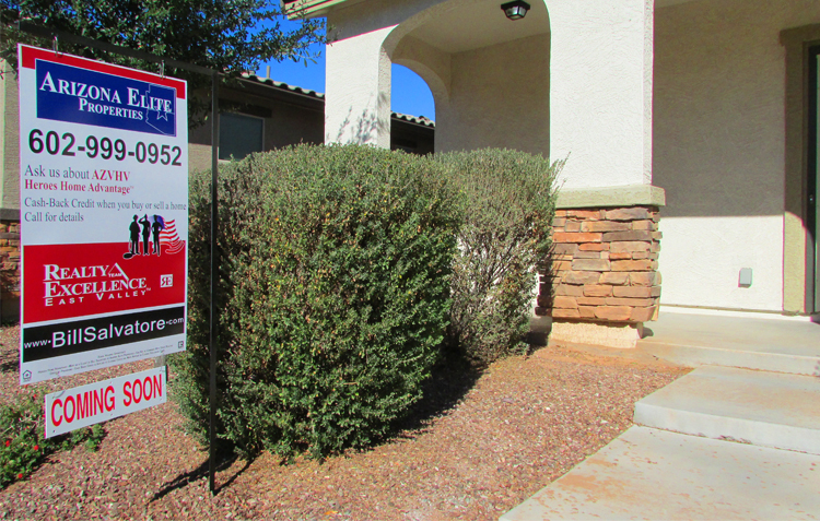 For Sale sign in front of white southwest style home - Gilbert Home for Sale, Gilbert Arizona 85142, 85204, 85206, 85209, 85212, 85225, 85233, 85234, 85249, 85286, 85295, 85296, 85297, 85298 - Bill Salvatore, Arizona Elite Properties 602-999-0952 - Arizona Real Estate