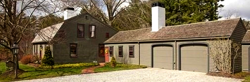 Betty Crocker House side view with attached garage and carriage house