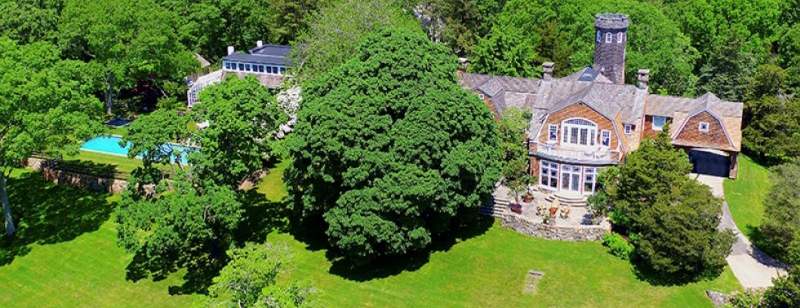 Christie Brinkley's home for sale, aerial view of mansion among trees