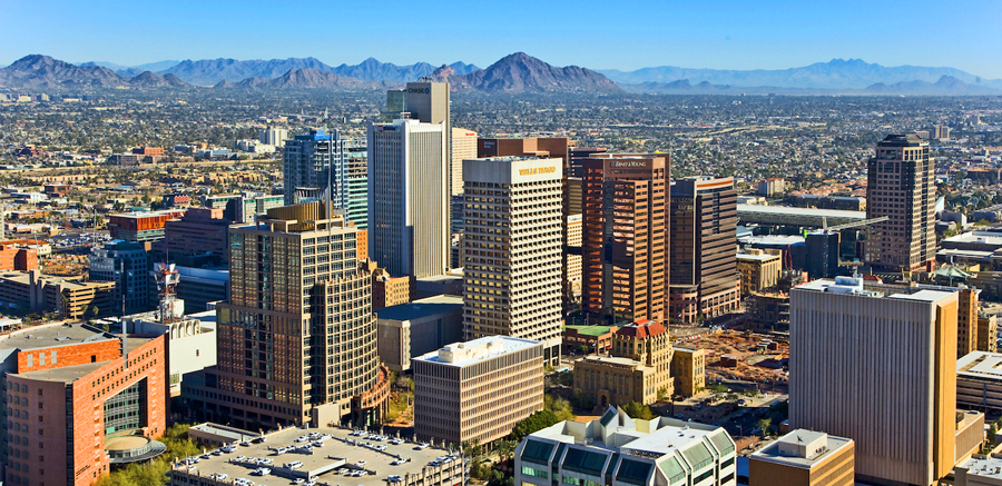 Phoenix skyline backed by mountains - AZCRE Arizona Commercial Real Estate header, Commercial Real Estate Listings, Commercial Office, Commercial Land, Retail and Hospitality - Bill Salvatore, Arizona Elite Properties 602-999-0952 - Arizona Real Estate