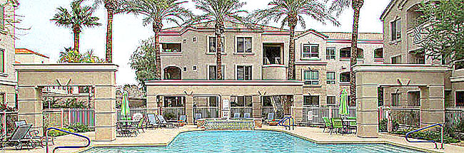 sketch-style, distant view of condominium building across the pool - 5303 N 7th St, Phoenix AZ - Popular Carlyle Condominiums, minutes to shopping, restaurant, city services - Bill Salvatore, Arizona Elite Properties 602-999-0952 - Arizona Real Estate