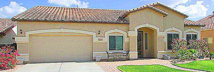 front of single story home from street, beige with white trim and tile roof - 1151 S Sandstone, Gilbert Arizona - 4 Bedroom, 3 Bath, single story home for sale - Bill Salvatore, Arizona Elite Properties 602-999-0952 - Arizona Real Estate