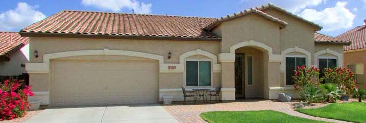 front of single story home from street, beige with white trim and tile roof - 1151 S Sandstone, Gilbert Arizona - 4 Bedroom, 3 Bath, single story home for sale - Bill Salvatore, Arizona Elite Properties 602-999-0952 - Arizona Real Estate