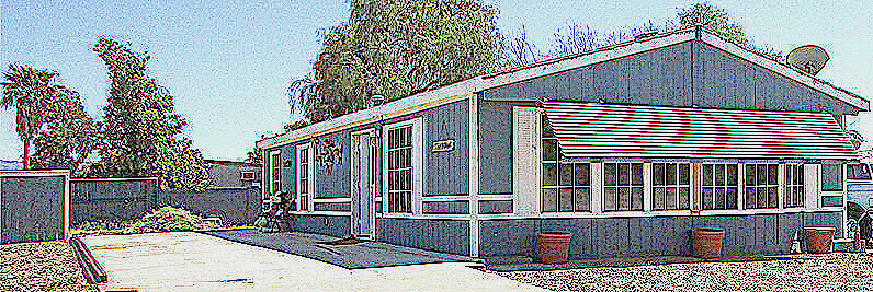 sketch of blue manufactured home with white trim, tall trees in the background - 161 N 88th Place, Mesa Arizona - Bill Salvatore, Arizona Elite Properties 602-999-0952