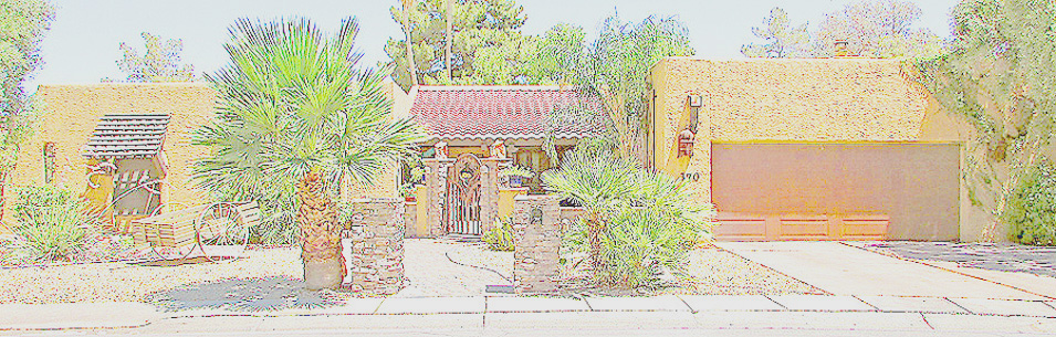 colored pencil sketch, front of Southwest style, single level home - 370 N Ronda Paula St, Casa Grande AZ - header rendering - Mack McDaniel, Your Valley Property Team, Arizona Elite Properties