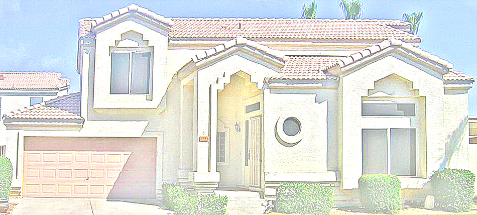 color sketch of white two-story home with light tile roof, 2-car garage on left - Peoria Home for Sale - 8944 W Acapulco La, Peoria AZ - Bill Salvatore, Your Valley Property Team - Arizona Elite Properties 602-999-0952