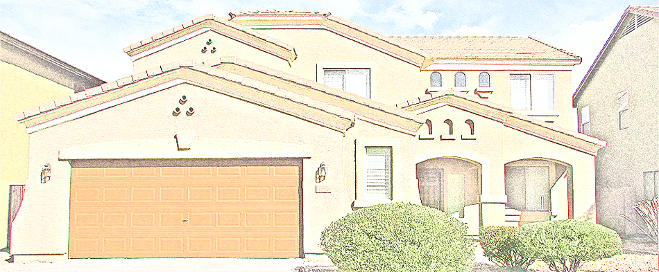 drawing / rendering of southwest style home with multi-gabled roofs and garage in front - Queen Creek Home for Sale - 1758 W Vineyard Plains, Queen Creek AZ 85142 - Bill Salvatore, Your Valley Property Team - Arizona Elite Properties 602-999-0952