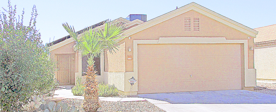 sketch/rendering of single story home with 2-car garage on right, palm trees and greenery in crushed stone yard - 6663 E Quiet Retreat, Florence AZ, The Oasis at Magic Ranch - Bill Salvatore, Your Valley Property Team - Arizona Elite Properties 602-999-0952