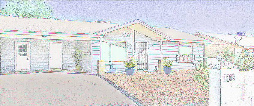 rendering of light blue, single story home with carport on left, crushed stone in front - 1458 W Crescent Ave, Mesa AZ - Bill Salvatore, Your Valley Property Team - Arizona Elite Properties 602-999-0952