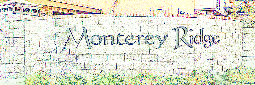 Stone, community monument with black metal lettering and flowering bushes in front - 17850 N 68th Street, Phoenix AZ 85054 - Monterey Ridge Condominiums, Phoenix - Scottsdale - Bill Salvatore, Your Valley Property Team - Arizona Elite Proprties 602-999-0952