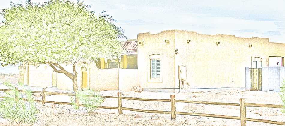 sketch of Santa Fe style home with rail fence and large shade tree in front - Header rendering - 44142 W Indian School Rd, Tonopah Arizona 85354 - Bill Salvator, Your Valley Property Team - Arizona Elite Properties 602-999-0952