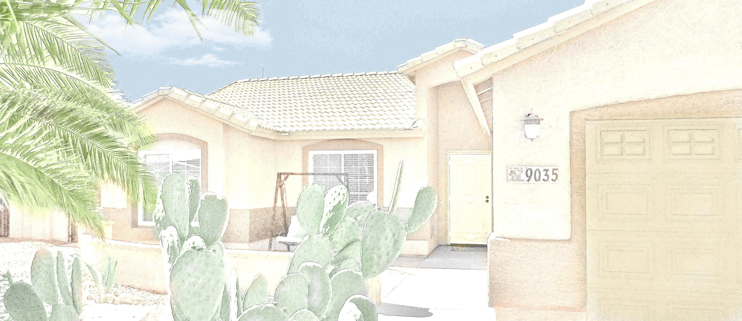 sketch of single story home with garage on right, large palm tree on left and cactus in front - 9035 W Reventon Dr, Arizona City, AZ - header - Beautiful 4 Bedroom home for sale - Bill Salvatore, Your Valley Property Team - Arizona Elite Properties 602-999-0952