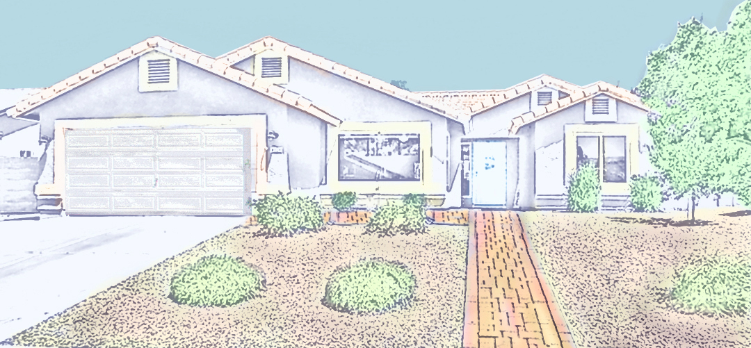 sketch of gray single-story home with blue sky, brick walkway - 4126 E Hopi Ave, Mesa, Arizona - Bill Salvatore, Your Valley Property Team - Arizona Elite Properties 602-999-0952