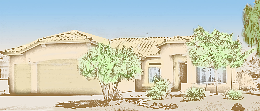 sketch of beige single-story home with 2.5 car garage, blue sky - 5075 S Peachwood Dr, Gilbert Arizona - Bill Salvatore, Your Valley Property Team - Arizona Elite Properties 602-999-0952