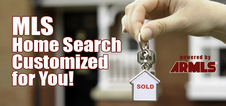 Hand holding house-shaped key ring, with text ' MLS Home Search Customized for You'