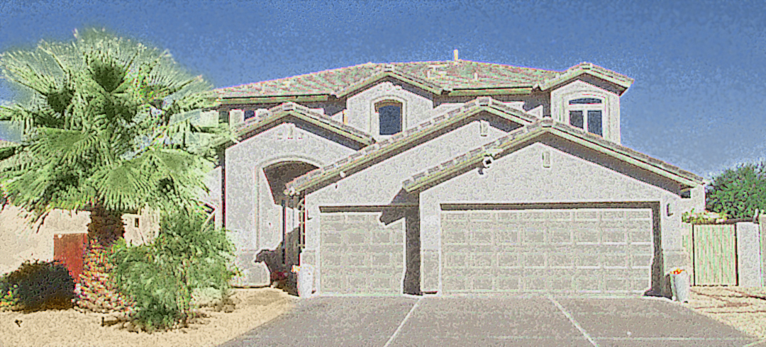 Rendering of gray, 2-story home with multiple roof levels, 3-car garage, palm trees in front